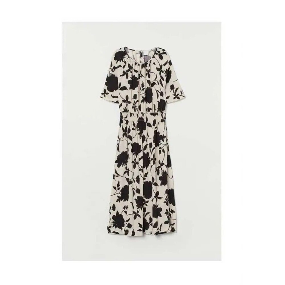 H&M Light Beige And Black Floral Cinch Waisted Dress